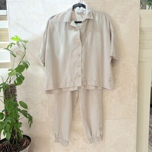 Haven Well Within Tencel Travel Set Small Beige Button Shirt Jogger Pants EUC